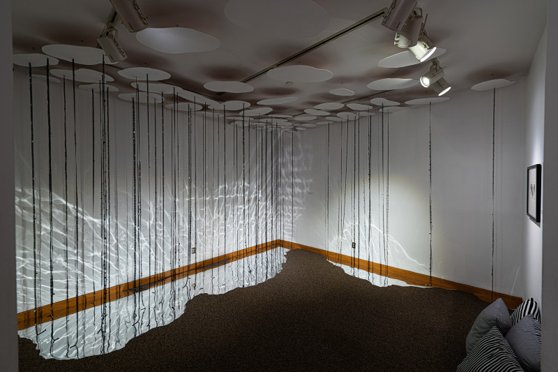 Installation View at Polk Museum of Art. black lace, hand sewn sequins, mylar, wood, paint, fabric